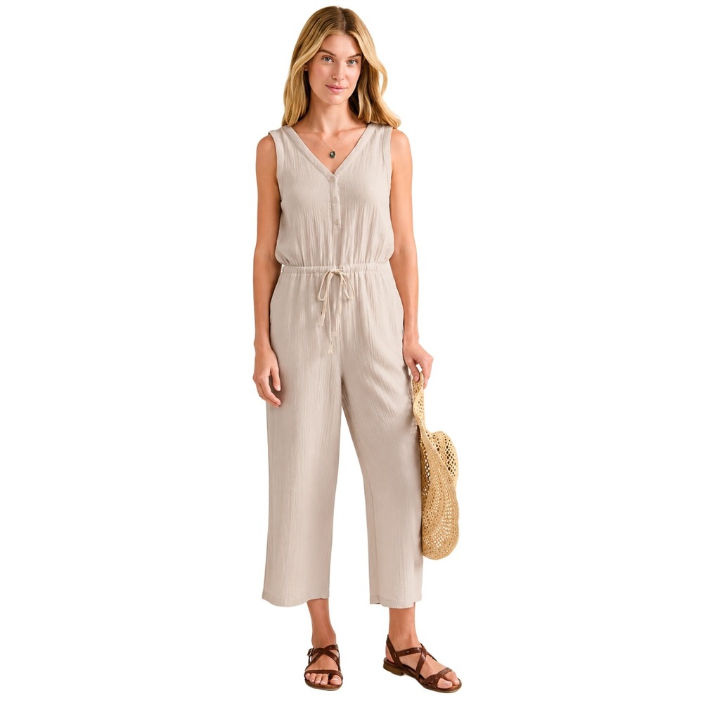 Garnet Hill Jumpsuit Womens Size 6 Ecru Cara 100% Organic Cotton Gauze Ankle NEW